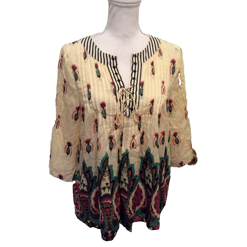 Hoss Intropia Tunic Top 36 Yellow White Black Striped Red Teal Paisley Lace-Up